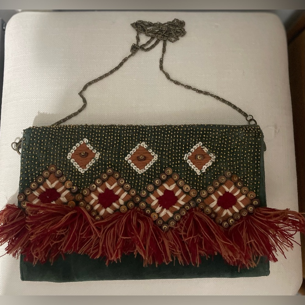 Boho Chic Green and Red Beaded Clutch